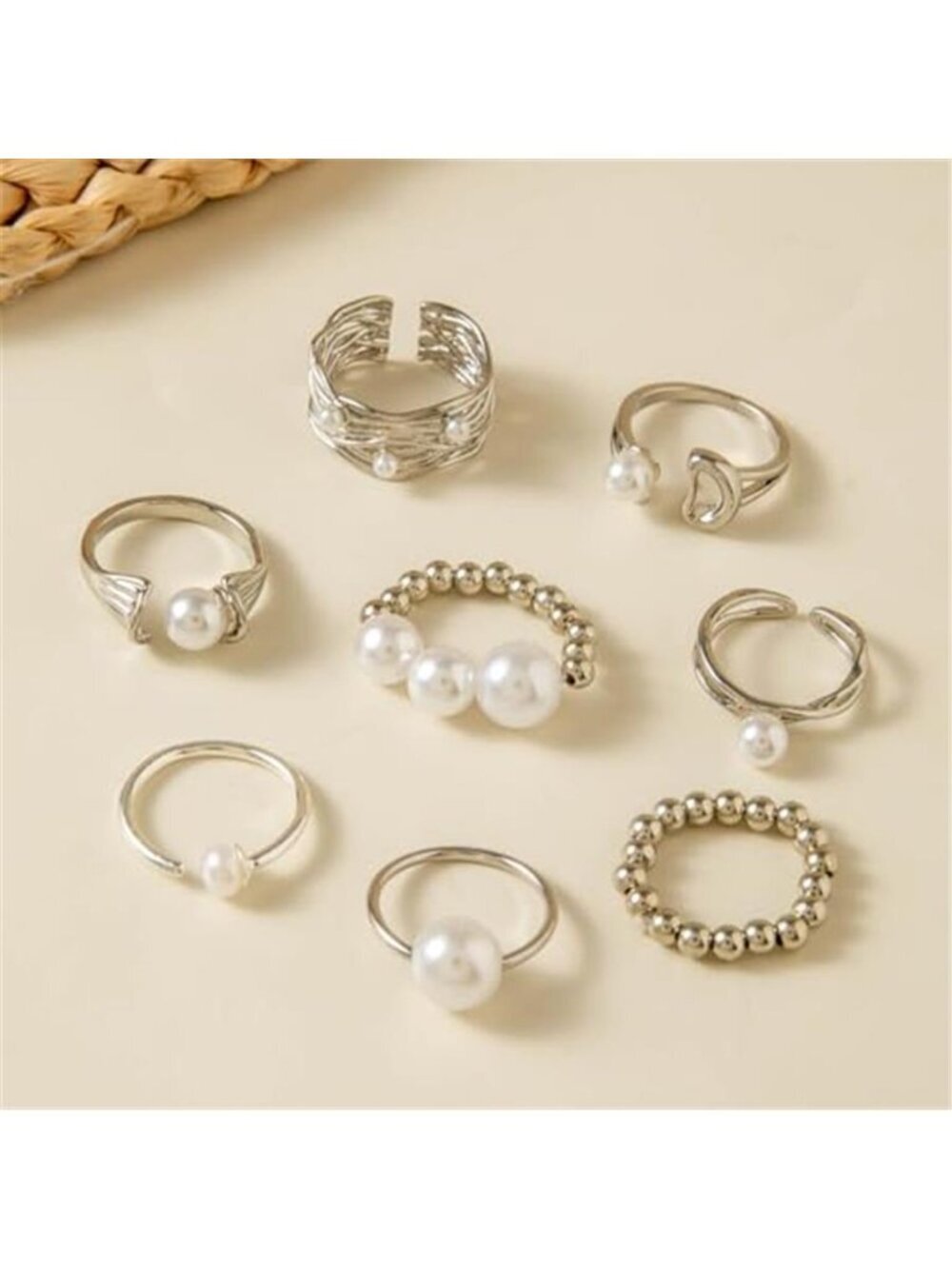 Stackable Silver Pearl Rings Set - Picture 2 of 2